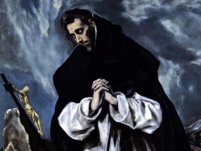 El Greco, „Święty Dominik Guzman pogrążony w modlitwie”, fragment, ok. 1586-1590, 118 × 86 cm, kolekcja prywatna, domena publiczna.