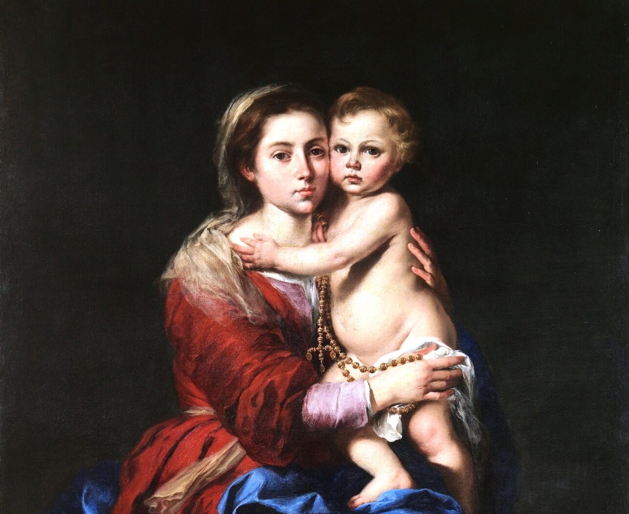 Bartolomé Esteban Murillo, „Madonna z różańcem”, fragment, ok. 1650–1655, olej na płótnie, 164 × 110 cm, Prado, domena publiczna