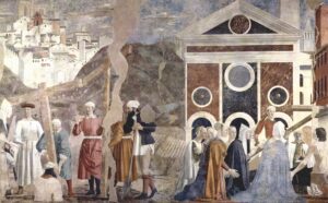 Piero della Francesca, „Odkrycie Prawdziwego Krzyża”, fragment „Legendy o Prawdziwym Krzyżu”, 1452-1466, Bazylika San Francesco w Arezzo, domena publiczna.