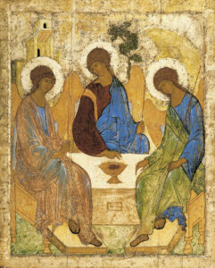 Andriej Rublow, ikona Trójcy Świętej, tempera na desce, 142×114 cm, ok. 1410–1427, domena publiczna.