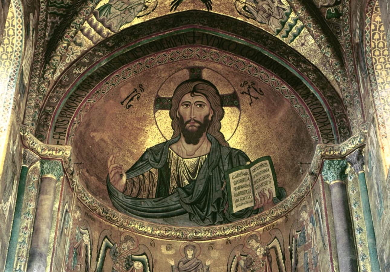 Chrystus Pantokrator, mozaika w absydzie katedry w Cefalù, domena publiczna.